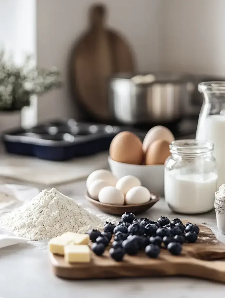 Ingredients for blueberry cake donuts arranged on a counter