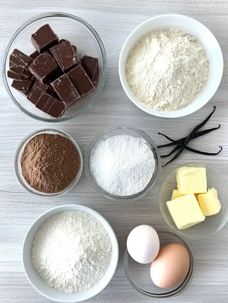 Ingredients for black and white cake laid out on a wooden table
