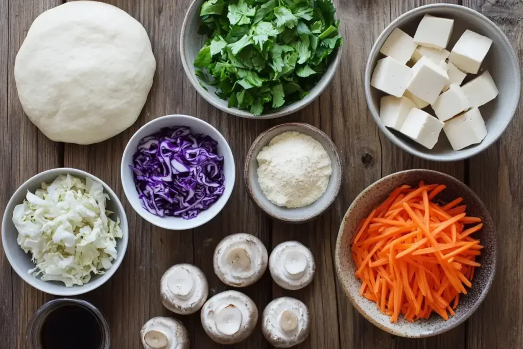 Ingredients for vegan soup dumplings on kitchen table