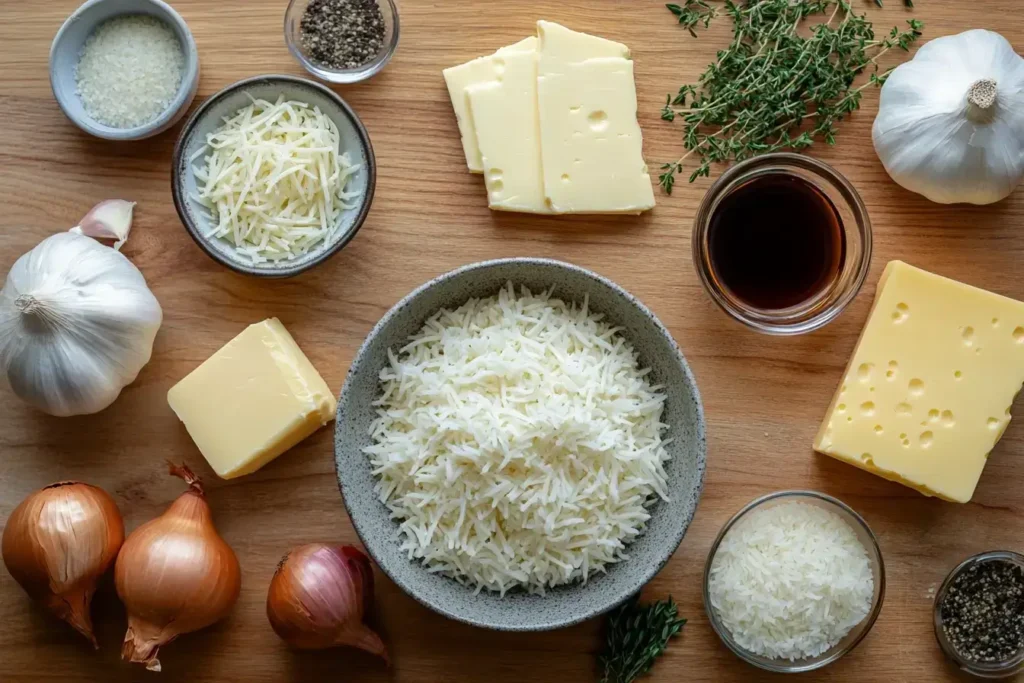 Ingredients for making onion soup rice laid out on a kitchen counter