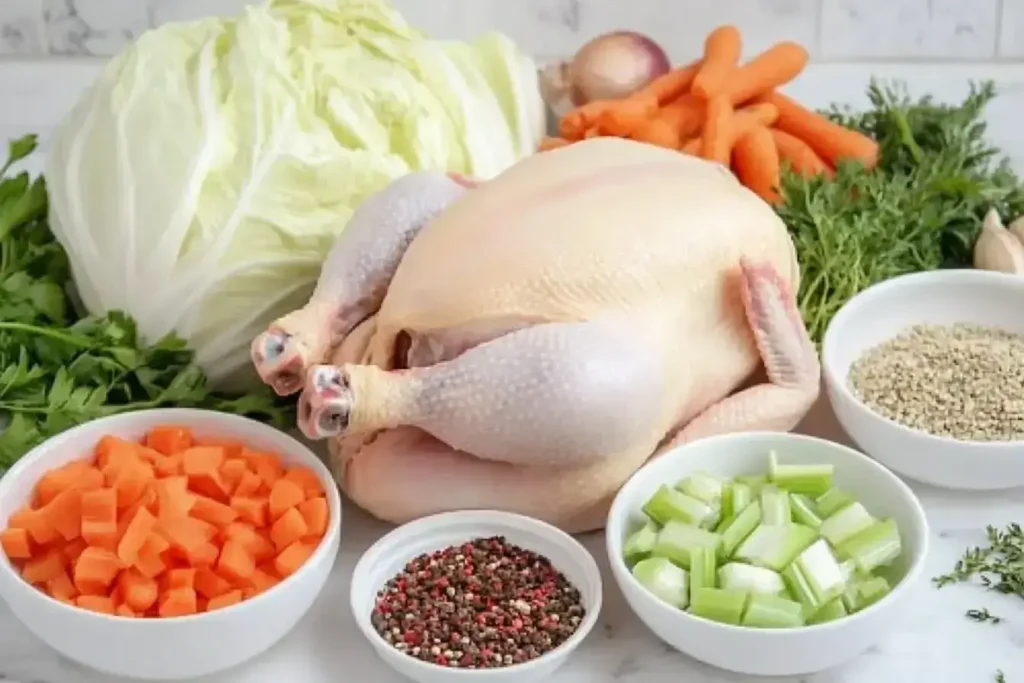 Fresh ingredients for homemade chicken cabbage soup