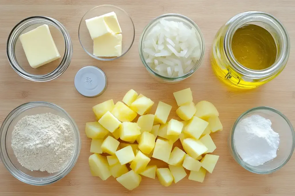 Ingredients for potato onion soup neatly arranged on a kitchen counter