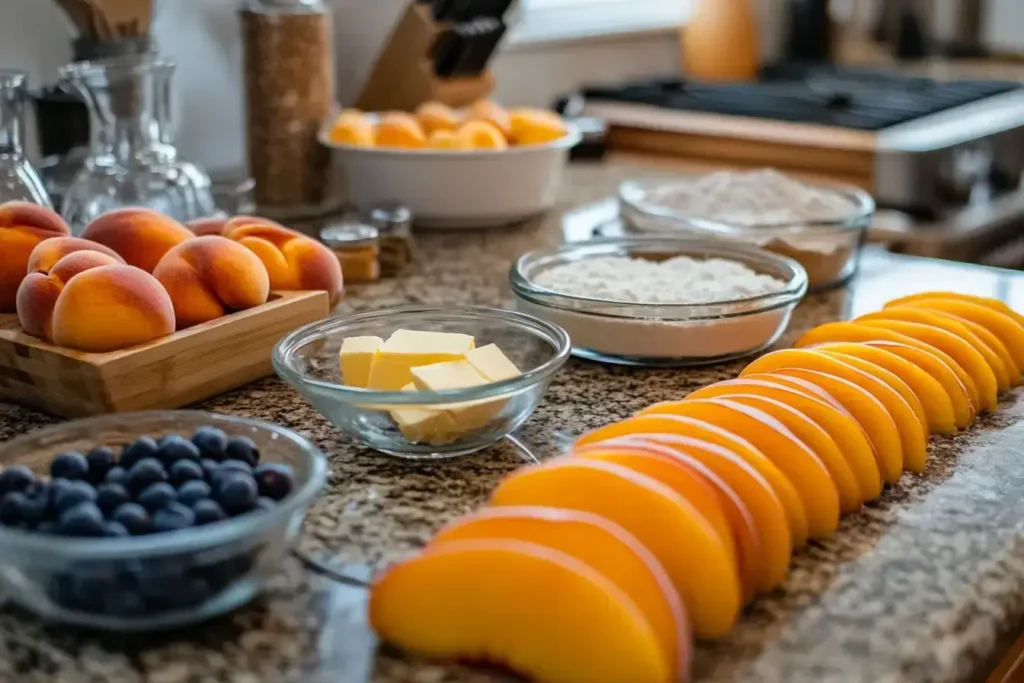 Ingredients for making peach blueberry pie