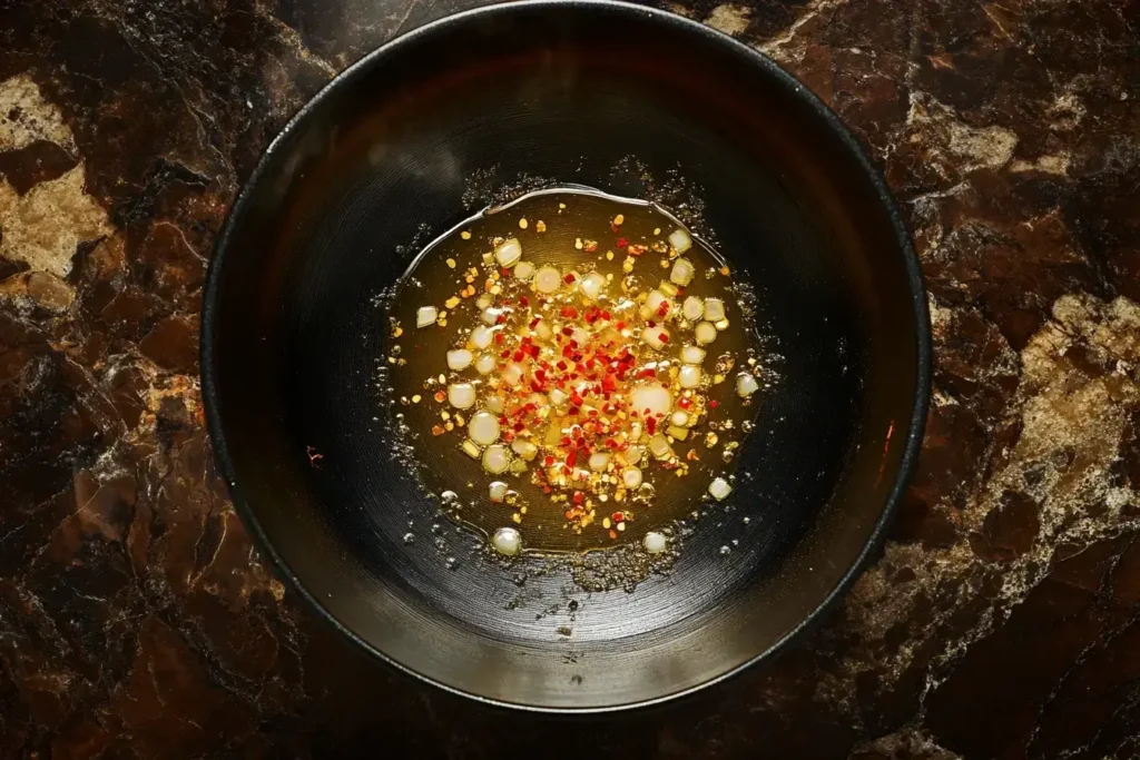 Onion, garlic, and red pepper flakes sautéing in a pot