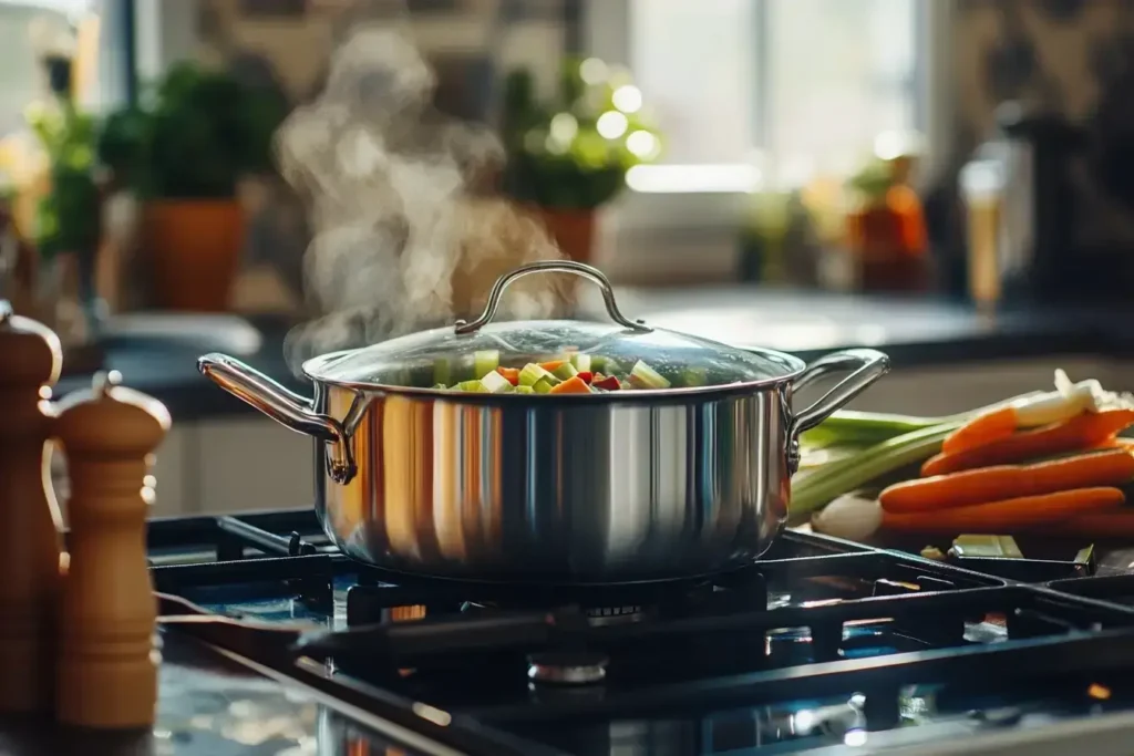 Sautéing vegetables in a pot for escarole bean soup