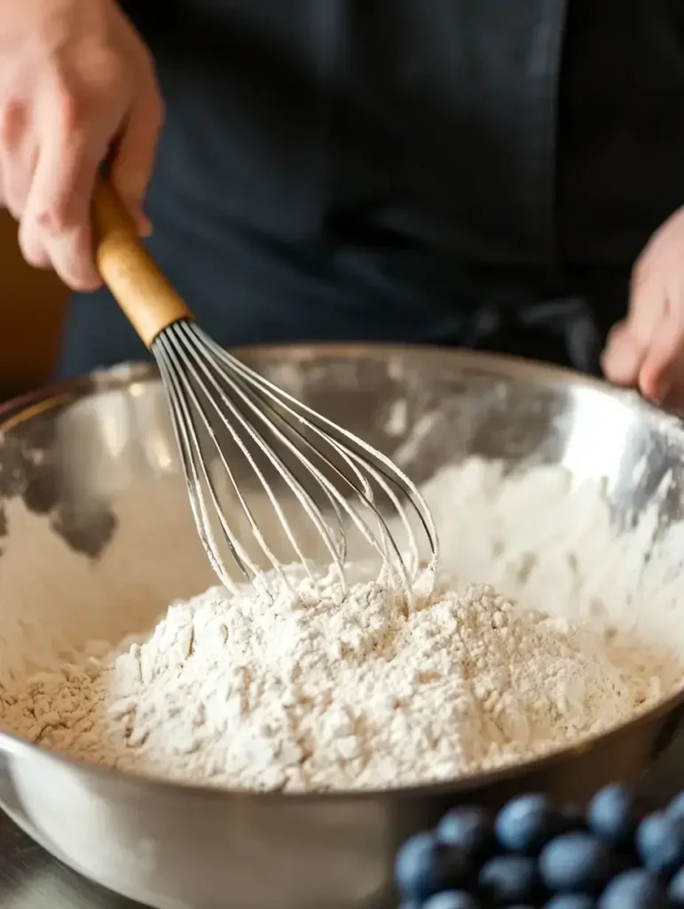 Mixing dry ingredients for blueberry cake donut batter