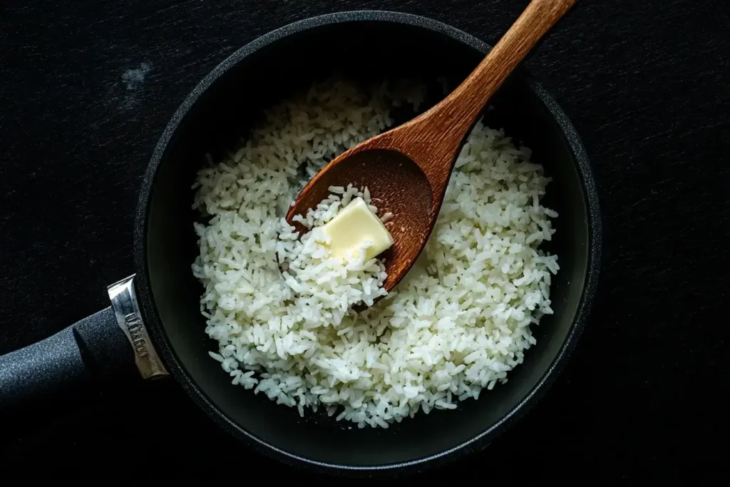 Rice being sautéed in melted butter in a small saucepan