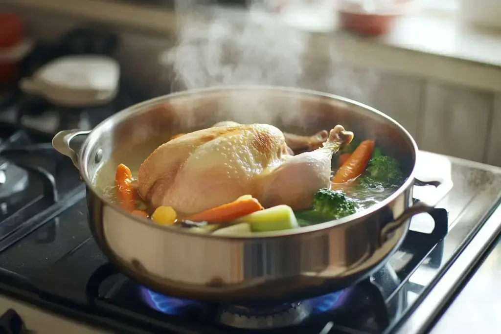 Chicken simmering with vegetables for broth