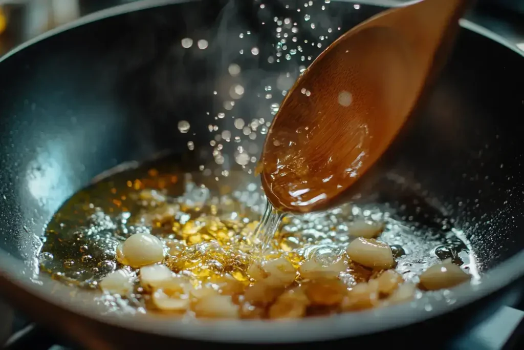 Onions being sautéed in a pot with olive oil and butter