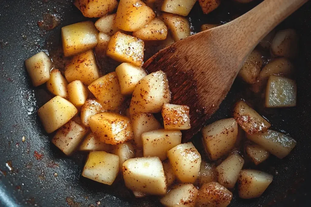 Apples being sautéed in butter and cinnamon