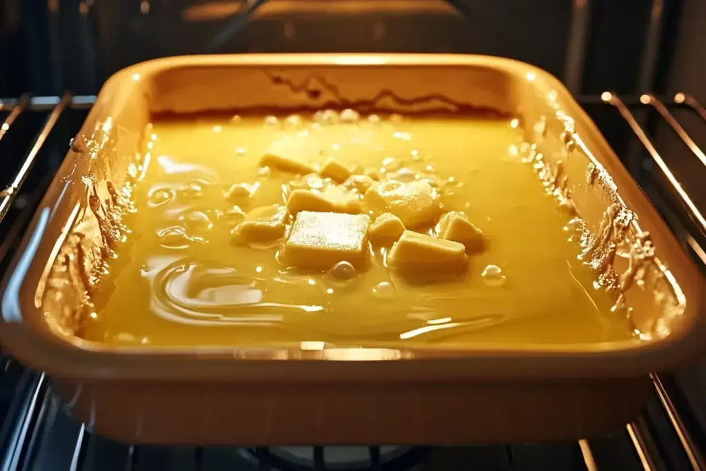 Melting butter in baking dish for cobbler base