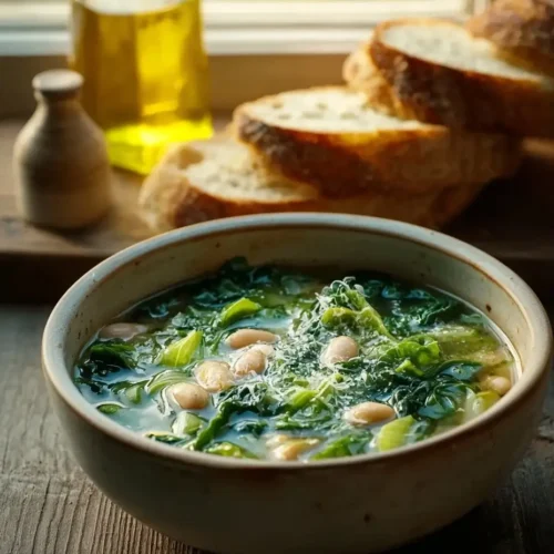 Warm bowl of escarole bean soup with rustic bread