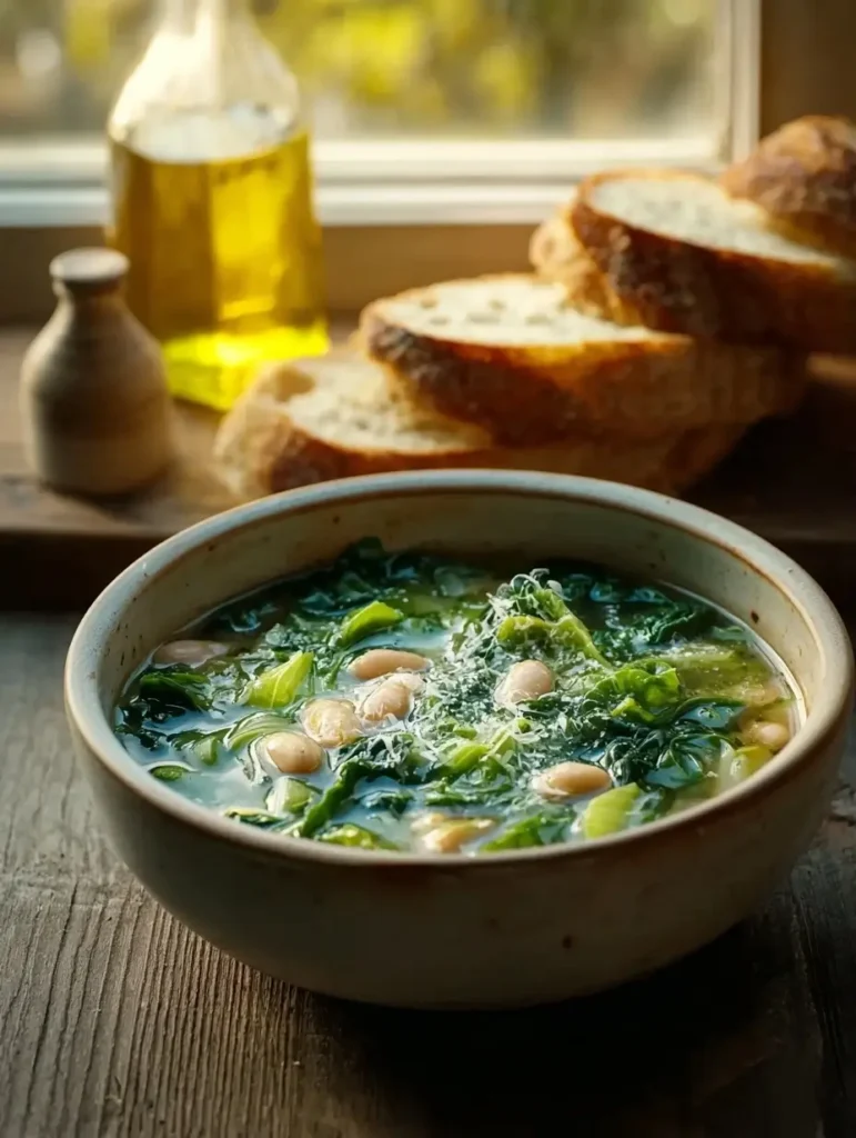 Warm bowl of escarole bean soup with rustic bread
