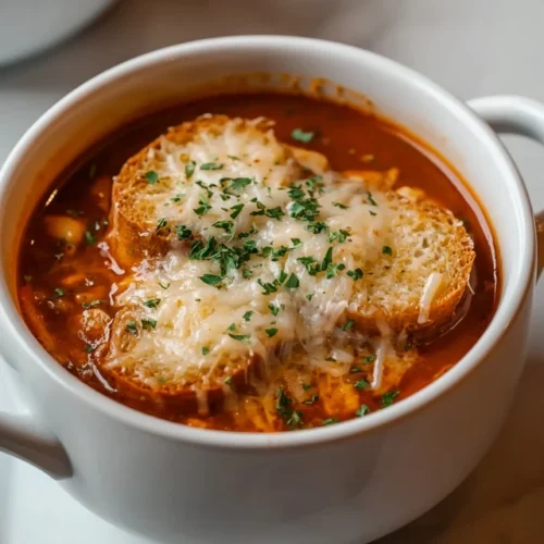 Bowl of chicken parmesan soup topped with cheese and parsley