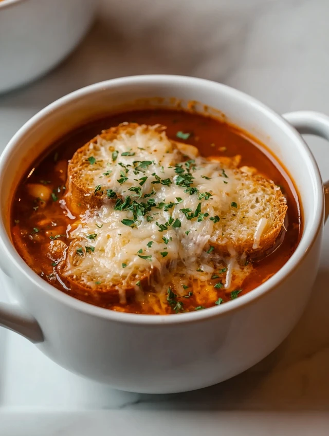 Bowl of chicken parmesan soup topped with cheese and parsley