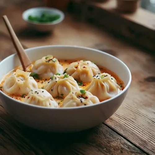 Freshly steamed vegan soup dumplings in bamboo steamer