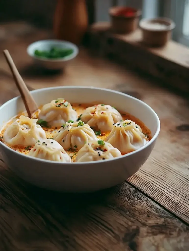 Freshly steamed vegan soup dumplings in bamboo steamer