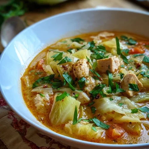Hearty chicken cabbage soup in a bowl with bread