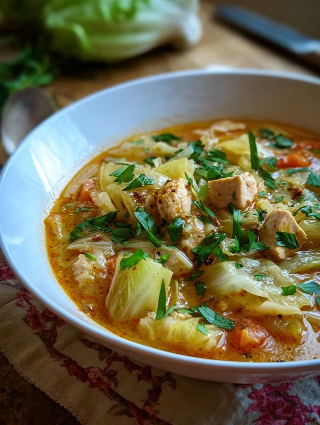 Hearty chicken cabbage soup in a bowl with bread