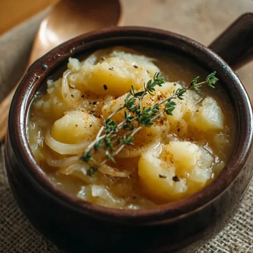 potato onion soup served in a rustic bowl with bread