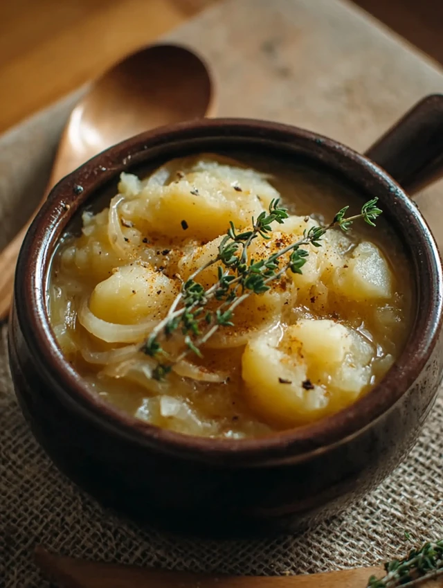potato onion soup served in a rustic bowl with bread