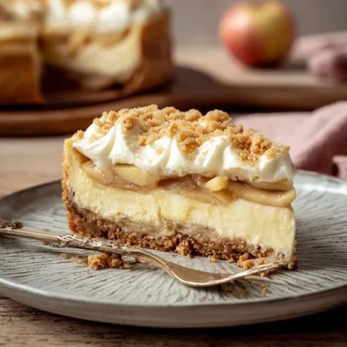 Apple pie cheesecake slice with crumble topping