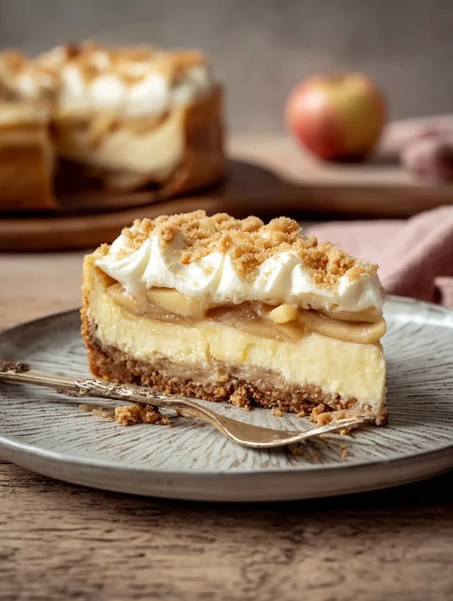 Apple pie cheesecake slice with crumble topping