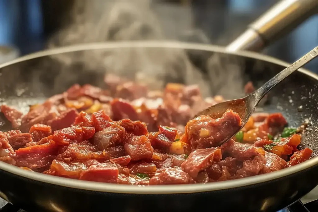 Tomato paste being mixed with sautéed ingredients in pot