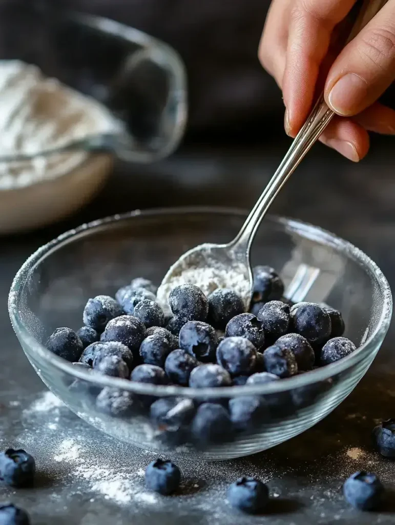 Coating fresh blueberries with flour for donut batter