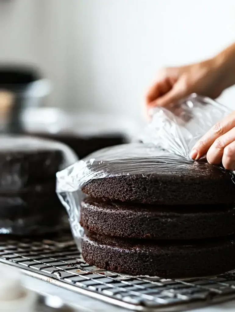 Cooling chocolate cake layers being wrapped for chilling