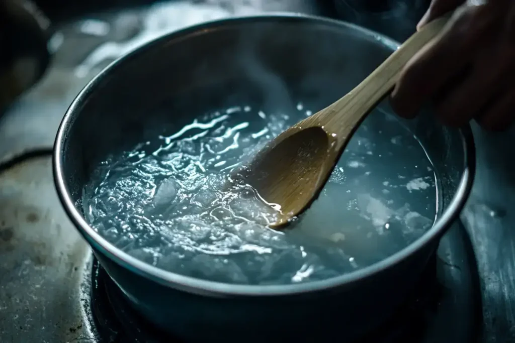 Agar agar being mixed into simmering broth
