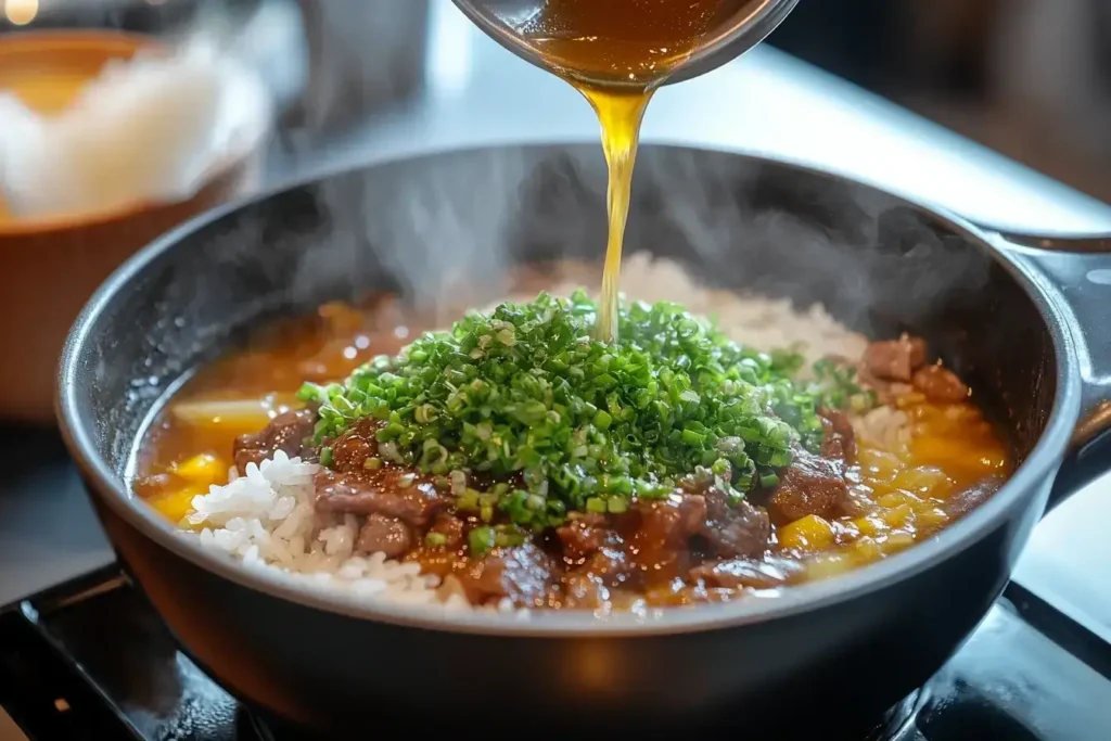 Pouring onion soup and broth into toasted rice