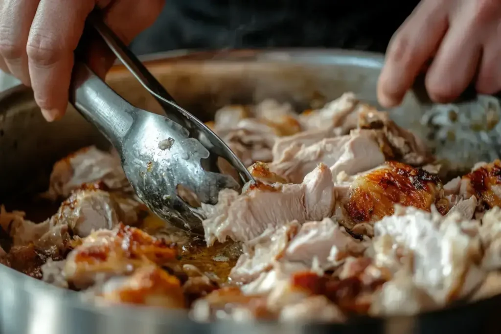 Removing cooked chicken from soup pot