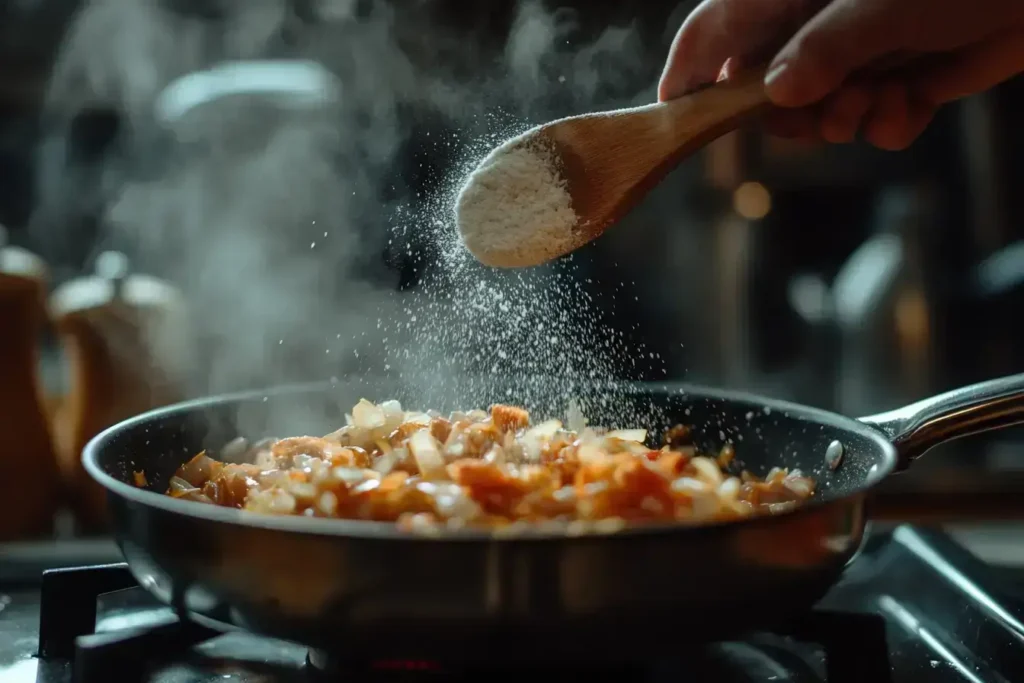 Adding flour to sautéed onions in soup base