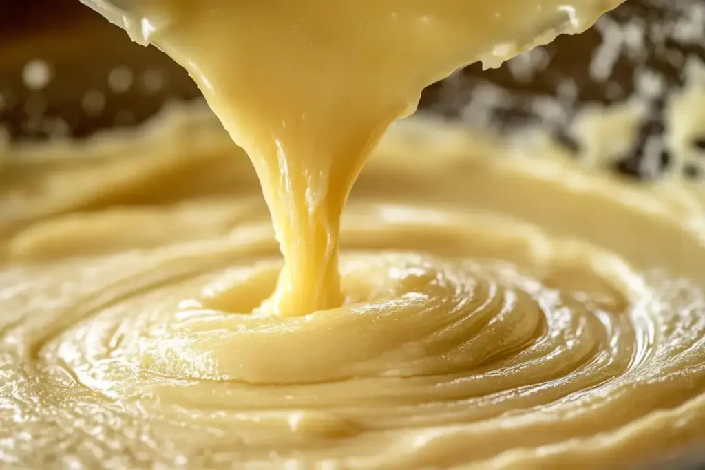 Pouring cobbler batter over melted butter