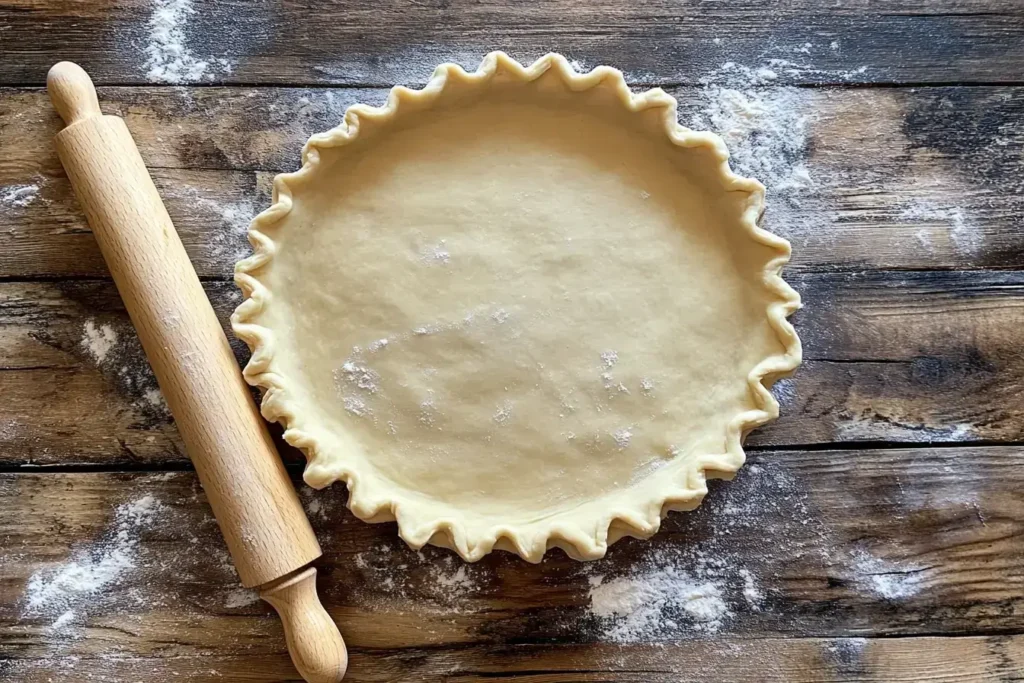 Rolling out pie dough for peach blueberry pie