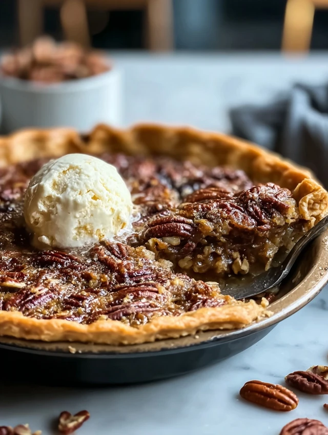 Pecan pie cobbler served warm with vanilla ice cream