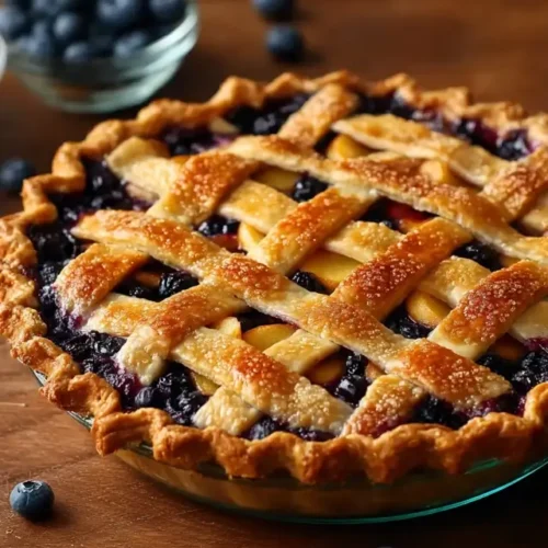 Homemade peach blueberry pie with golden crust