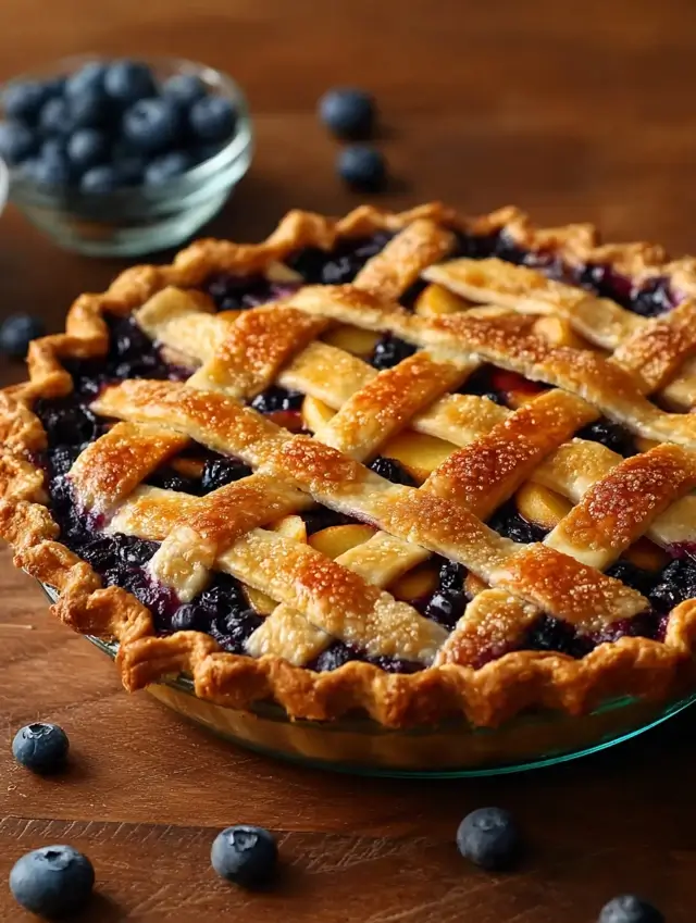 Homemade peach blueberry pie with golden crust