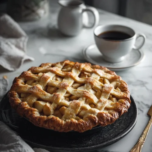 Freshly baked French apple pie with golden crust