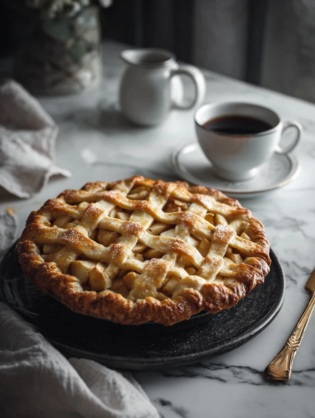 Freshly baked French apple pie with golden crust