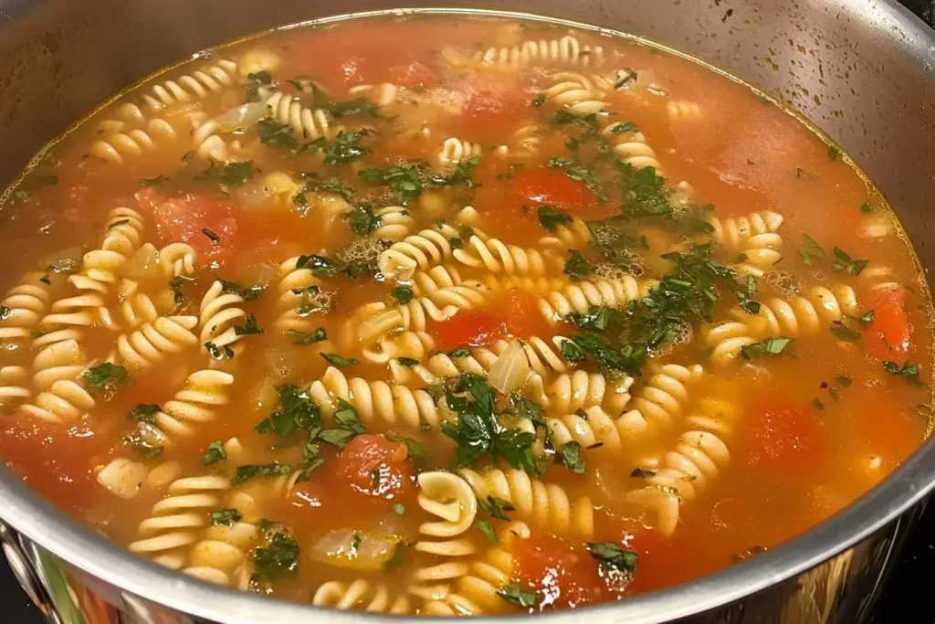 Chicken parmesan soup base simmering with pasta and herbs