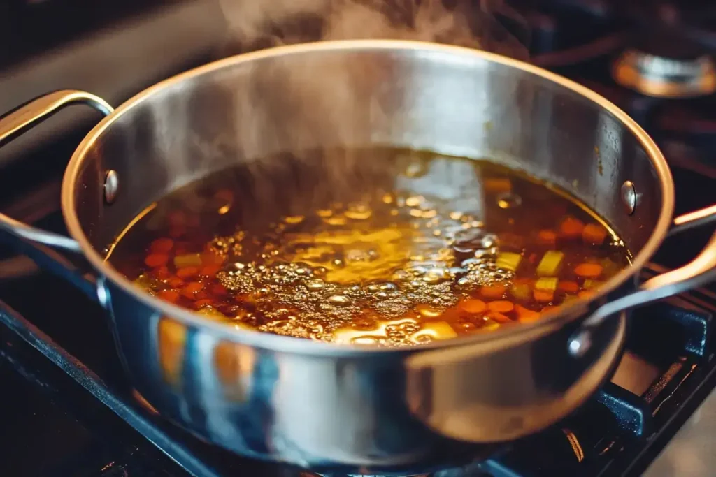 Adding beans and broth to soup pot