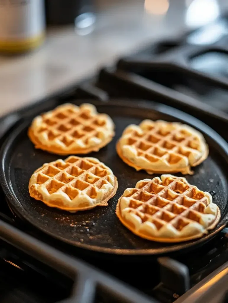 Baby waffles cooking in a waffle pan