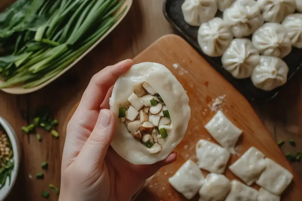 Filling vegan dumpling wrapper with tofu and mushrooms