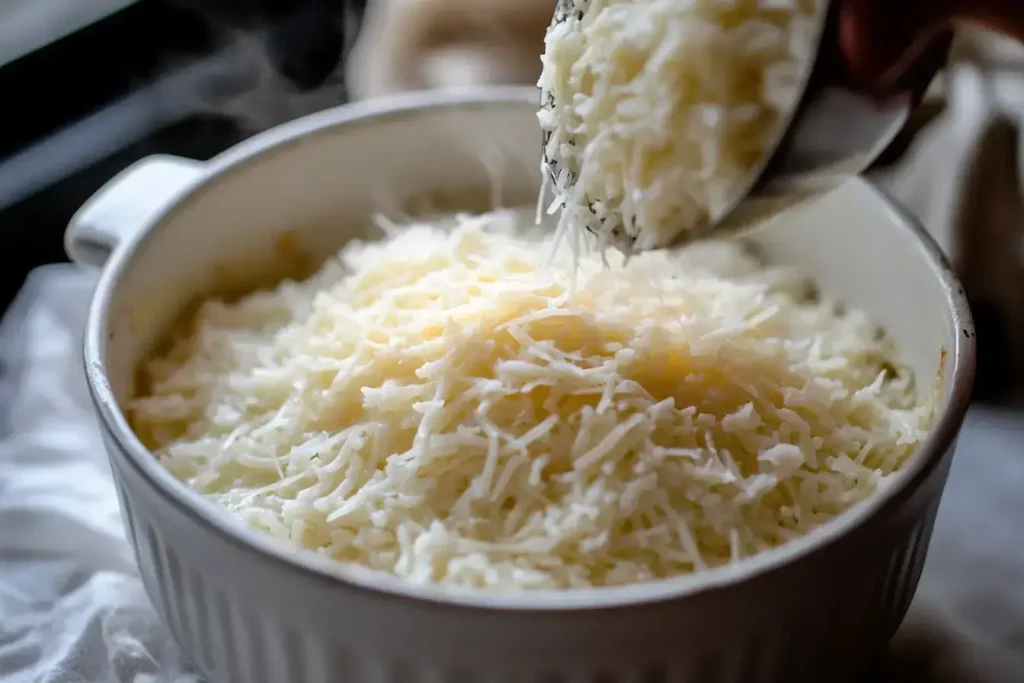 Onion soup rice in baking dish topped with cheese