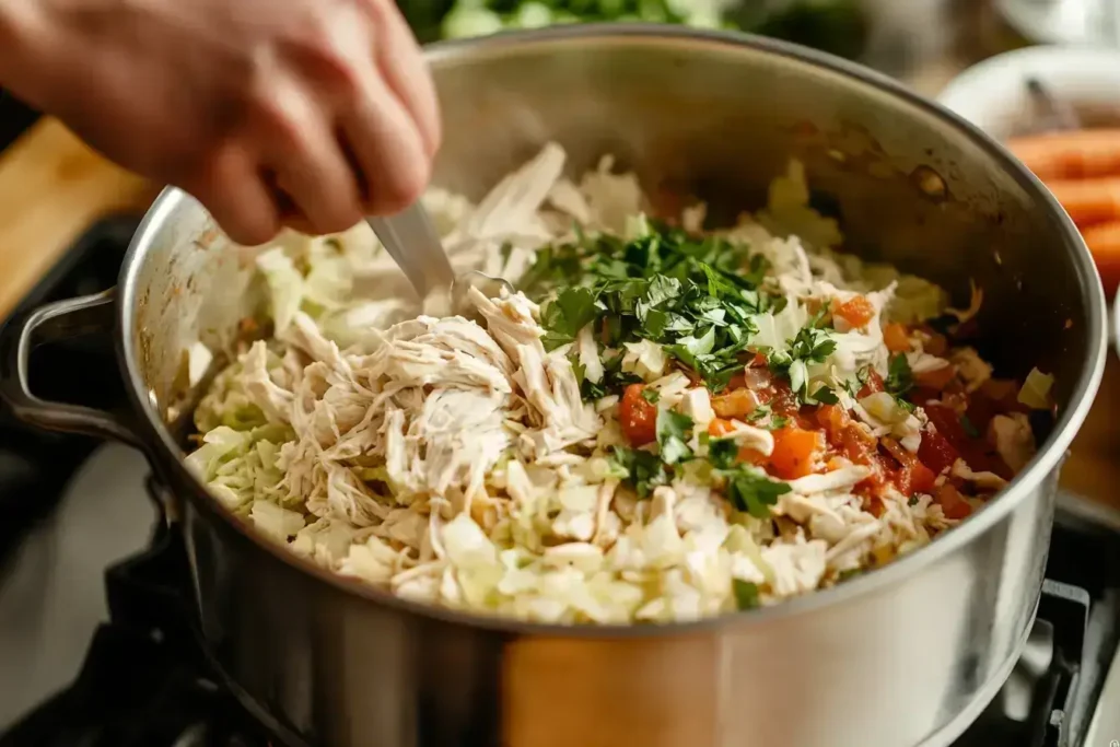 Adding shredded chicken and cabbage to soup