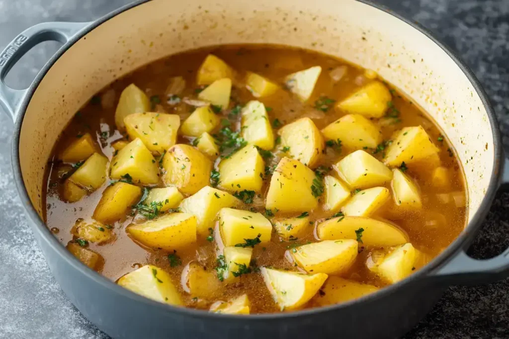 Potatoes and stock added into the soup mixture