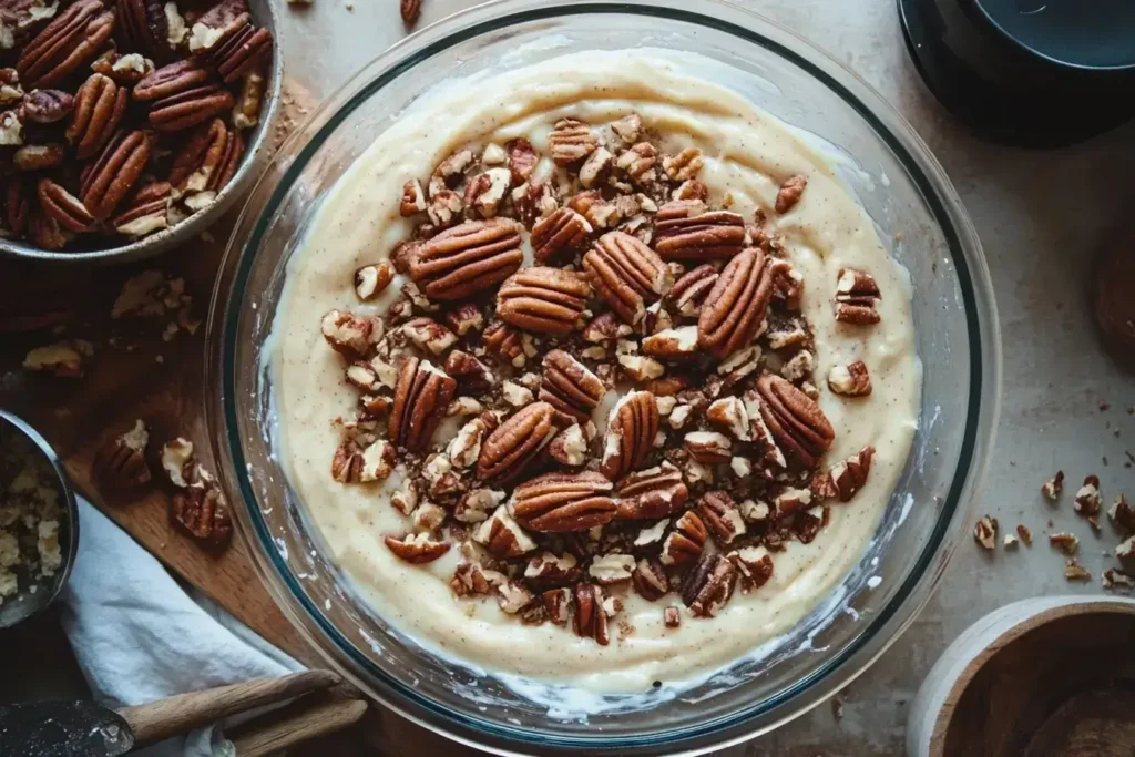 Topping cobbler with pecans, brown sugar, and toffee