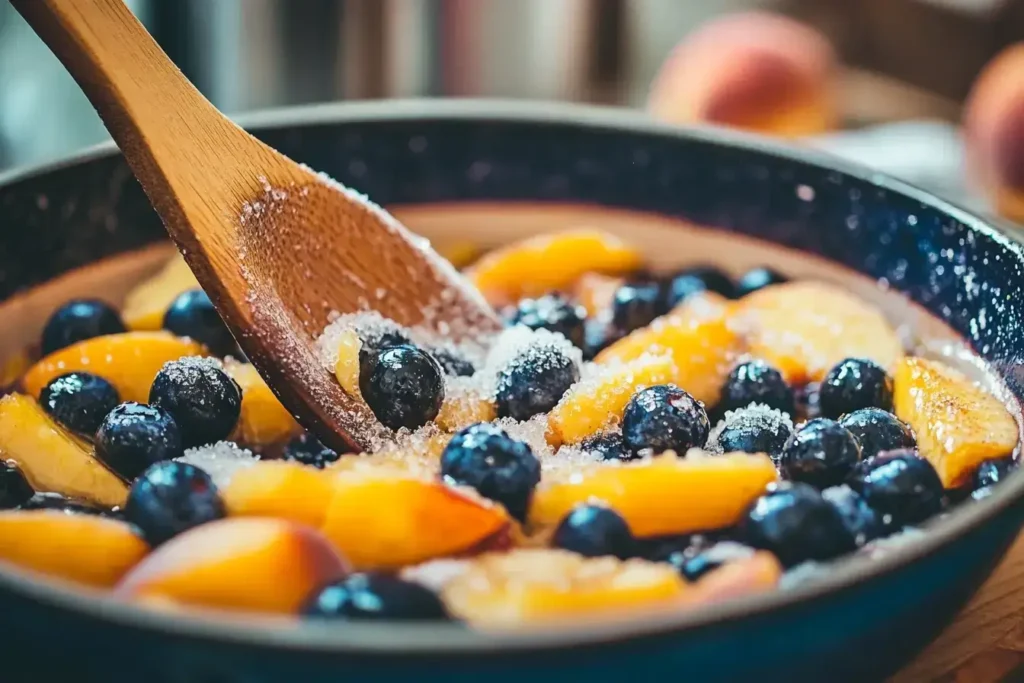 Mixing peaches and blueberries with sugar and spices